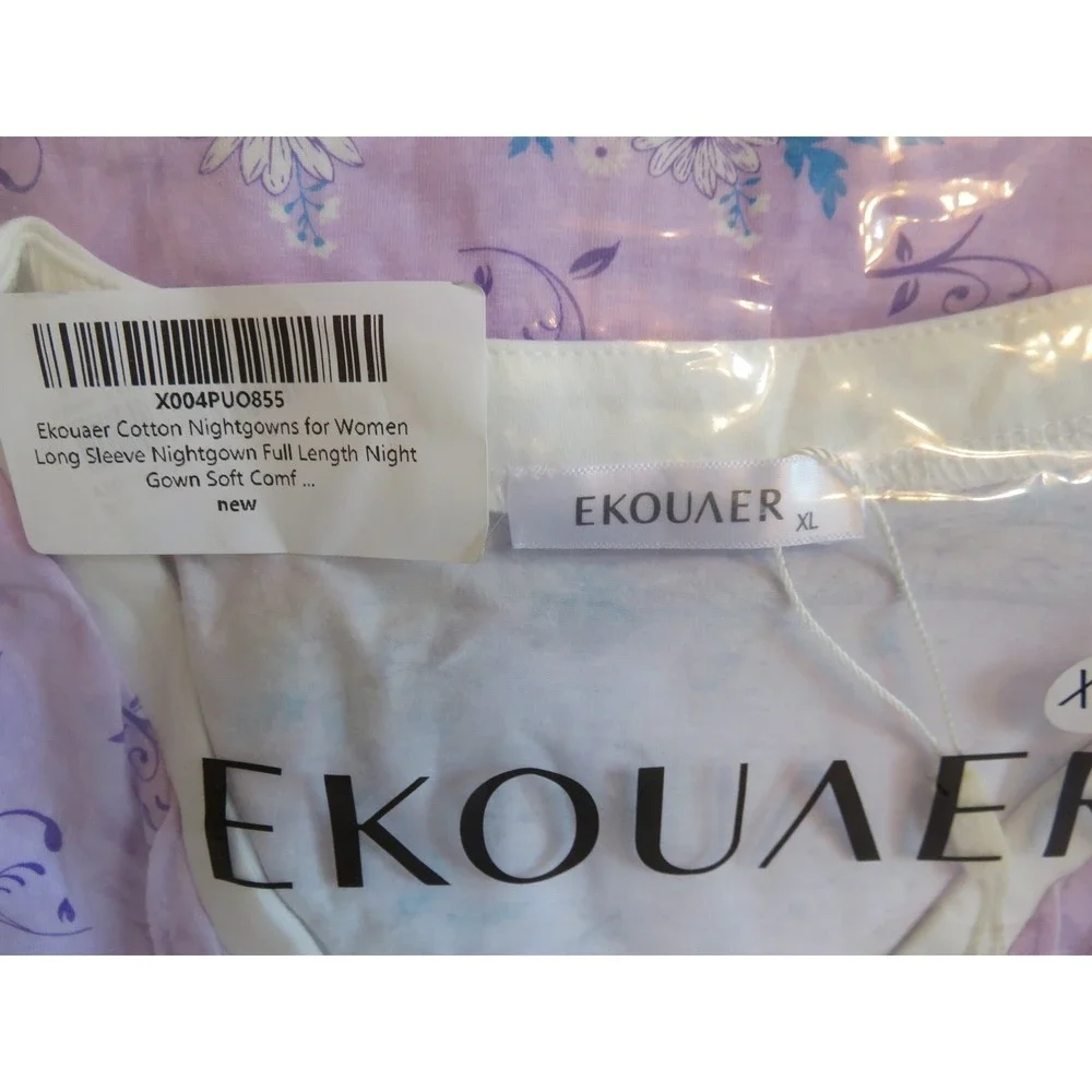 Ekouaer Womens Long Sleeve Cotton Nightgown Floral Lavender Purple‎ Maxi XL NEW
